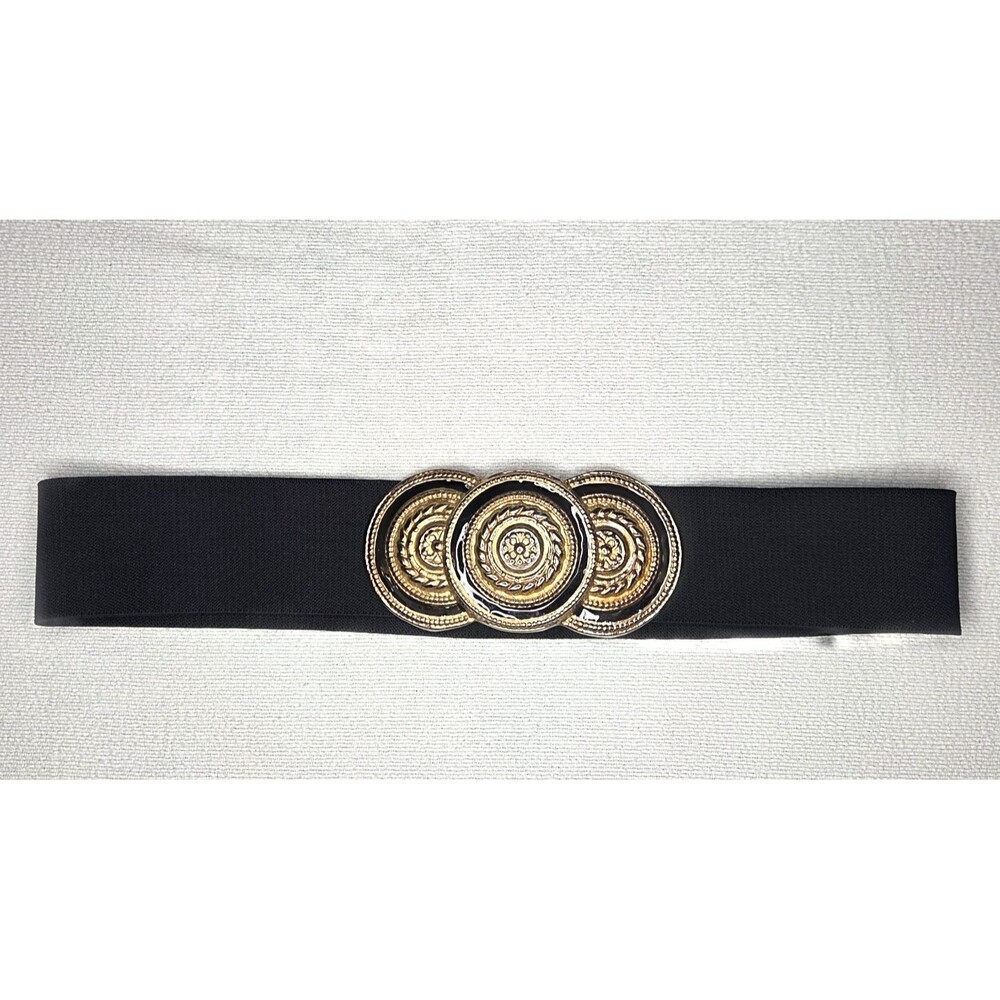 Vnt Black Gold Enamel Coin Medallion Buckle Stretch 2IN Wide Elastic S/M Belt